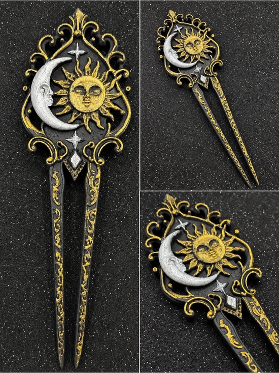 Handmade Accessories - Sun & Moon Ornate Hair Fork - Gold & Silver Accent